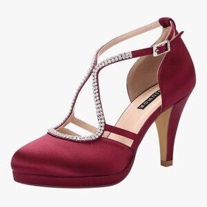NWT WOMEN'S LOW HEEL, ANKLE STRAP, SATIN PLATFORM BURGANDY SIZE 9